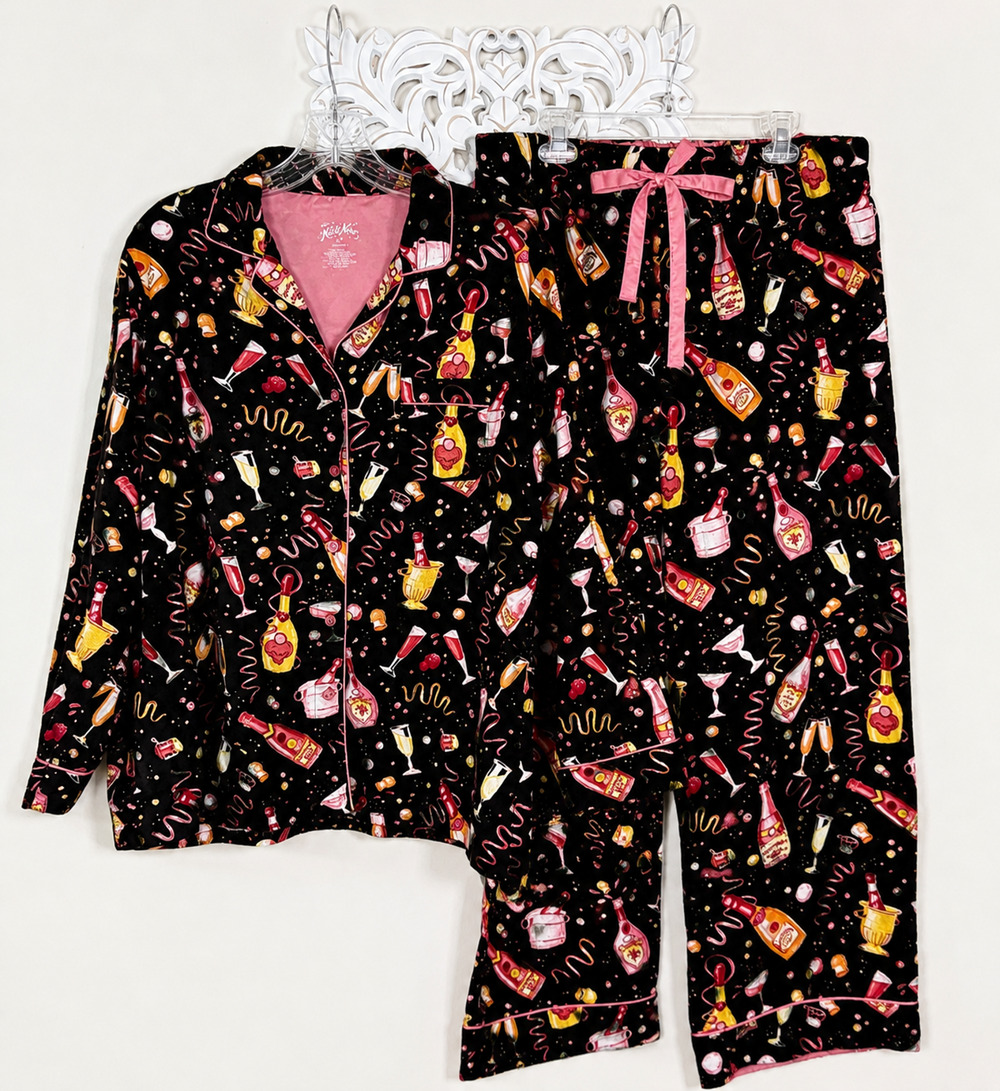 Nick & Nora Women's XL Flannel Pajama Set Champagne Celebration New Year's BLACK